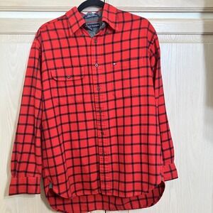 Tommy Hilfiger Shirt Mens Medium Black & Red Flannel Button Up Long Sleeve